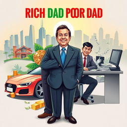 A vibrant and engaging illustration showcasing the core themes of "Rich Dad Poor Dad" by Robert Kiyosaki, highlighting the dichotomy between two central figures that embody contrasting financial philosophies