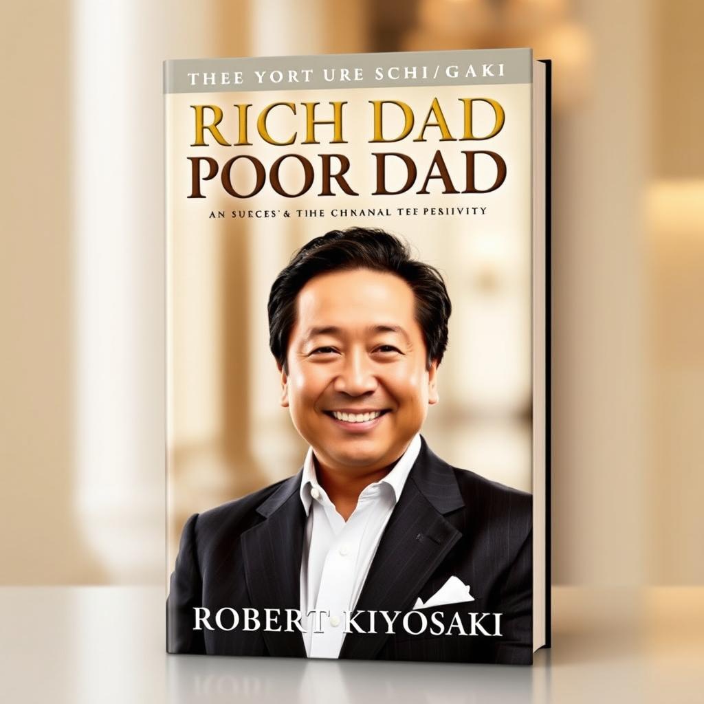 An inspiring and motivational book cover for 'Rich Dad Poor Dad' by Robert Kiyosaki featuring a high-quality photograph of Robert Kiyosaki himself