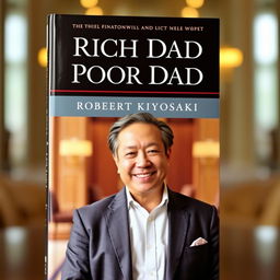 An inspiring and motivational book cover for 'Rich Dad Poor Dad' by Robert Kiyosaki featuring a high-quality photograph of Robert Kiyosaki himself