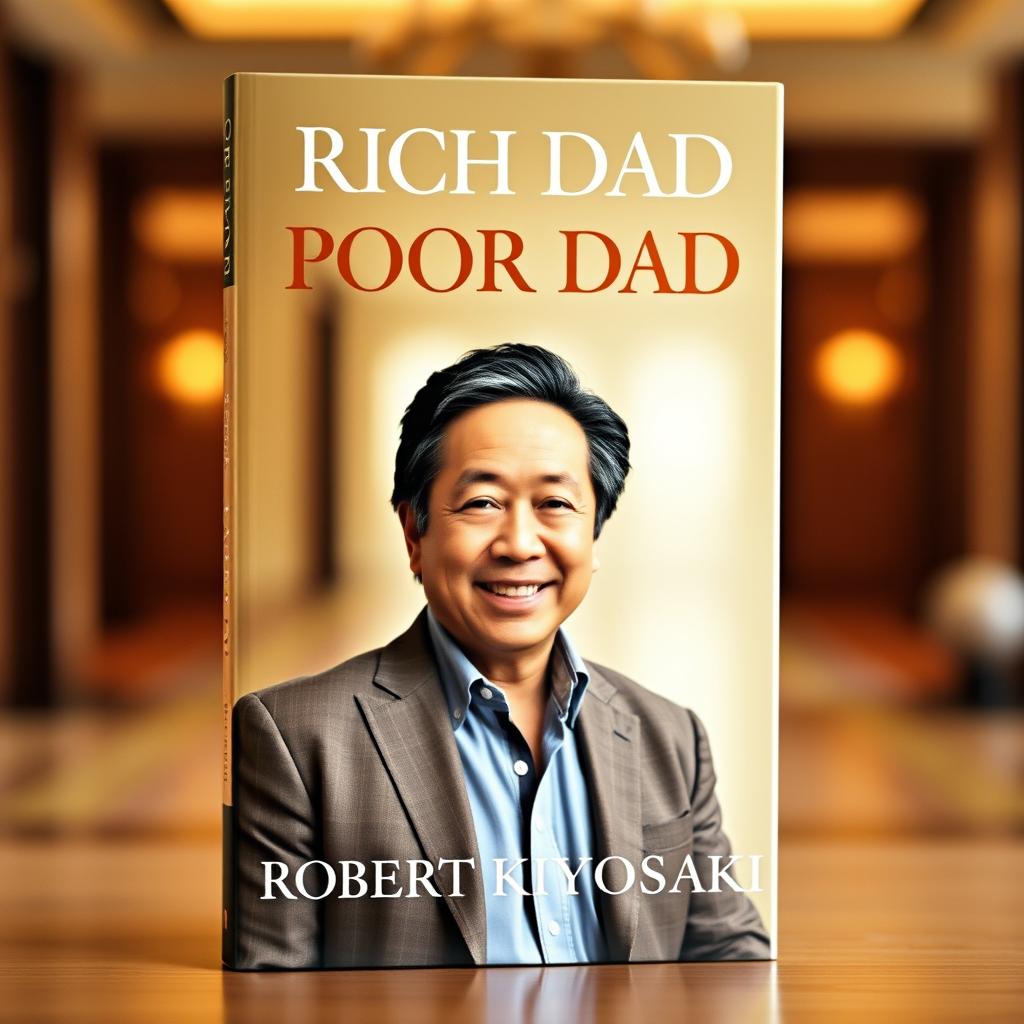 An inspiring and motivational book cover for 'Rich Dad Poor Dad' by Robert Kiyosaki featuring a high-quality photograph of Robert Kiyosaki himself