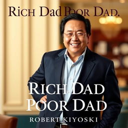 An inspiring and motivational book cover for 'Rich Dad Poor Dad' by Robert Kiyosaki featuring a high-quality photograph of Robert Kiyosaki himself