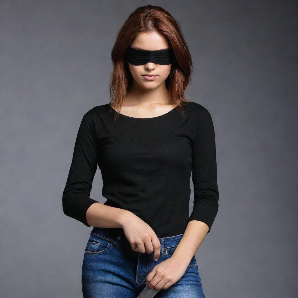 The image now captures the fair-skinned Indian girl with reddish-brown hair, a black eyepatch over her left eye, defying the darkness in a black full-sleeved t-shirt and jeans, her hand firmly gripping a long, straight sword.