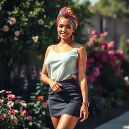 A beautiful woman wearing a vibrant, colorful turban, showcasing her elegant features