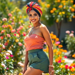 A beautiful woman wearing a vibrant, colorful turban, showcasing her elegant features