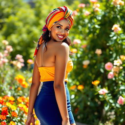 A beautiful woman wearing a vibrant, colorful turban, showcasing her elegant features