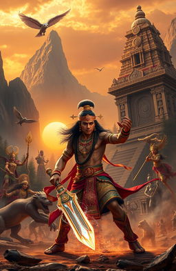 An epic Indian mythology scene featuring a heroic figure from ancient times, amidst a battleground with majestic divine beings and mythical creatures clashing