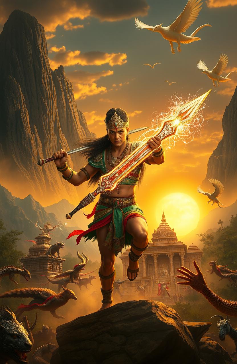 An epic Indian mythology scene featuring a heroic figure from ancient times, amidst a battleground with majestic divine beings and mythical creatures clashing