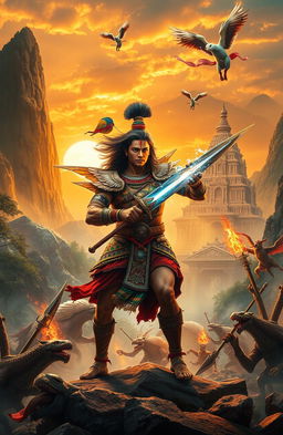 An epic Indian mythology scene featuring a heroic figure from ancient times, amidst a battleground with majestic divine beings and mythical creatures clashing