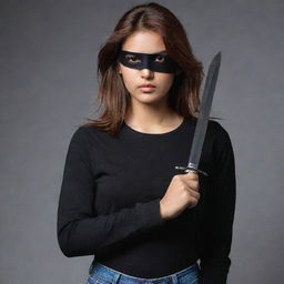 The image now captures the fair-skinned Indian girl with reddish-brown hair, a black eyepatch over her left eye, defying the darkness in a black full-sleeved t-shirt and jeans, her hand firmly gripping a long, straight sword.