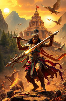 An epic Indian mythology scene featuring a heroic figure from ancient times, amidst a battleground with majestic divine beings and mythical creatures clashing