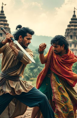 An intense scene from an Indian mythology-inspired action thriller drama, featuring two male characters involved in a gripping conflict