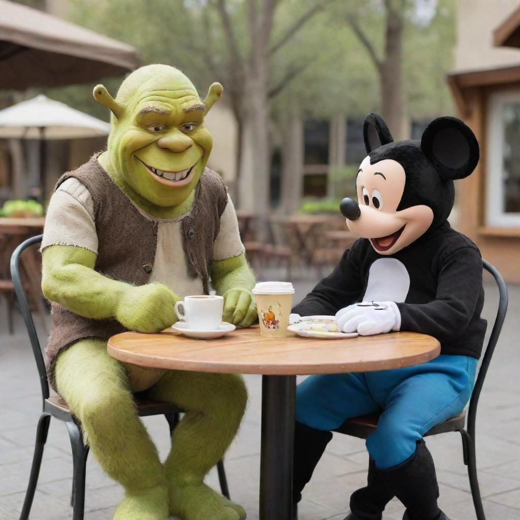 Shrek and Mickey Mouse sitting at a small outdoor cafe table, laughing and enjoying their coffee.