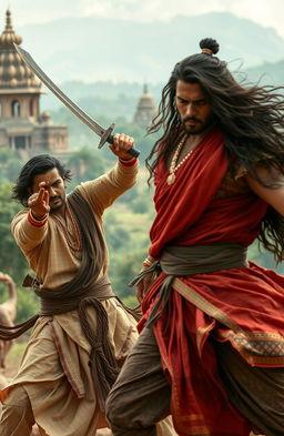 An intense scene from an Indian mythology-inspired action thriller drama, featuring two male characters involved in a gripping conflict