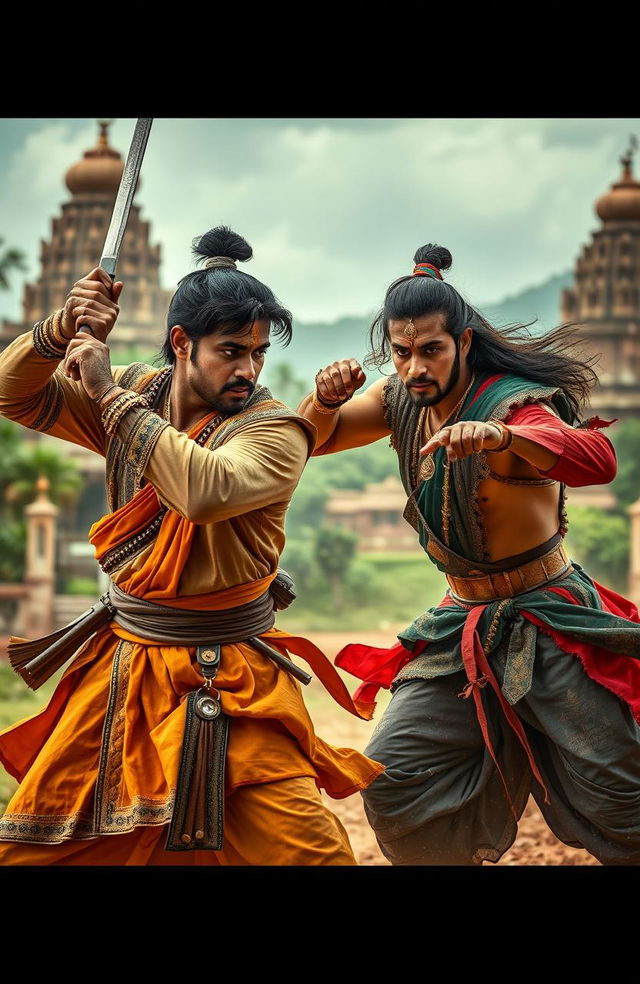 An intense scene from an Indian mythology-inspired action thriller drama, featuring two male characters involved in a gripping conflict