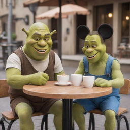 Shrek and Mickey Mouse sitting at a small outdoor cafe table, laughing and enjoying their coffee.