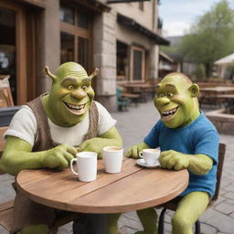 Shrek and Mickey Mouse sitting at a small outdoor cafe table, laughing and enjoying their coffee.