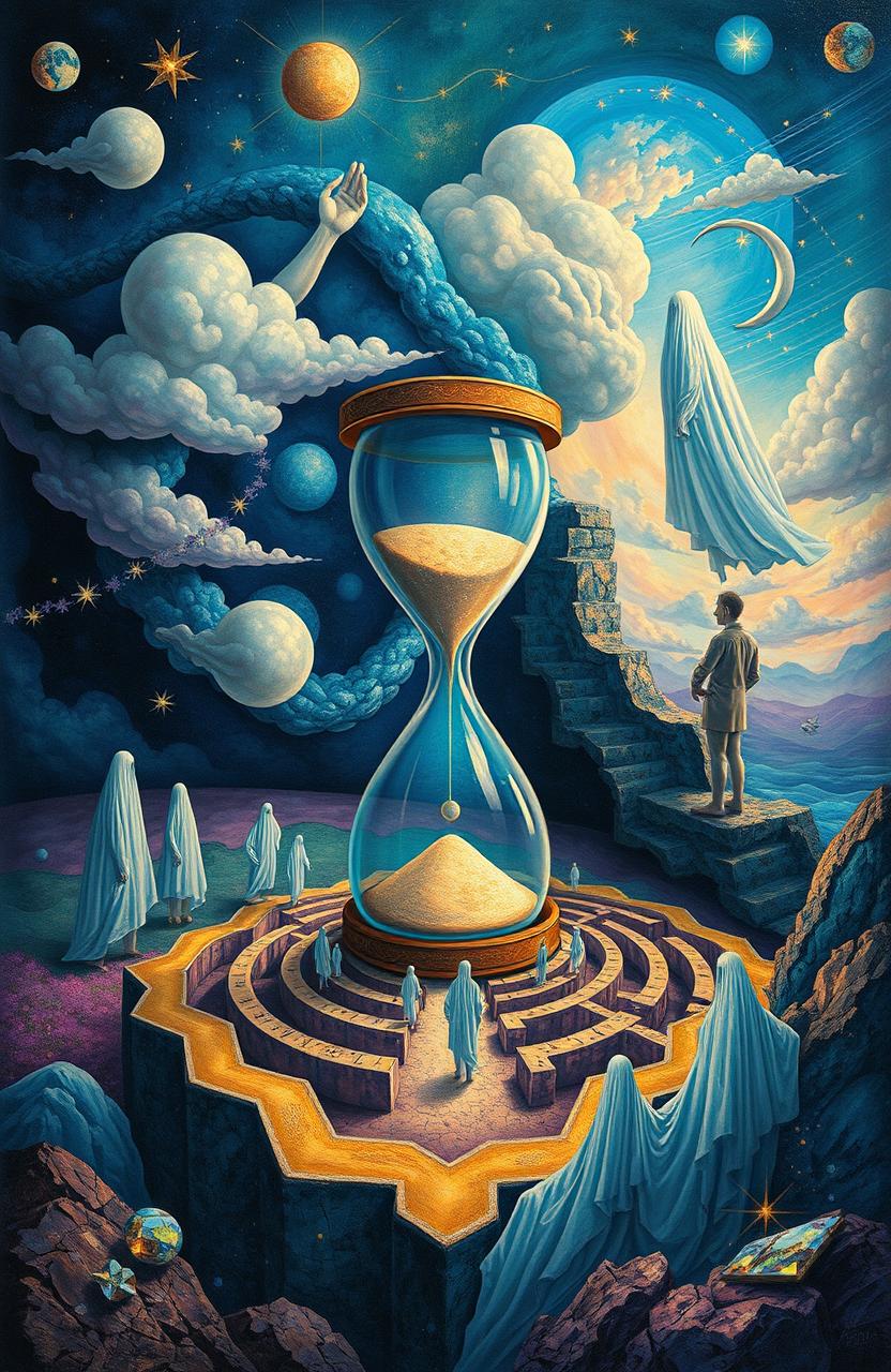 A surreal and abstract representation of a doctor's 14-year journey through dream states, showcasing different phases of subjection and objections