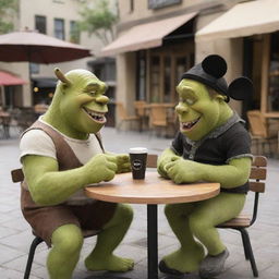 Shrek and Mickey Mouse sitting at a small outdoor cafe table, laughing and enjoying their coffee.