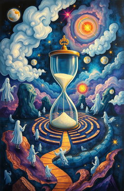 A surreal and abstract representation of a doctor's 14-year journey through dream states, showcasing different phases of subjection and objections