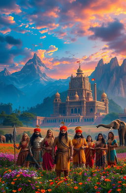 An epic fantasy landscape inspired by an Indian version of the Lord of the Rings, featuring majestic mountains, lush forests, and colorful fields filled with wildflowers