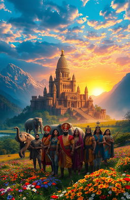 An epic fantasy landscape inspired by an Indian version of the Lord of the Rings, featuring majestic mountains, lush forests, and colorful fields filled with wildflowers