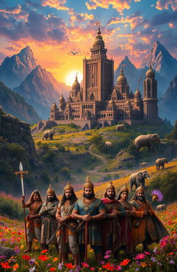 An epic fantasy landscape inspired by an Indian version of the Lord of the Rings, featuring majestic mountains, lush forests, and colorful fields filled with wildflowers