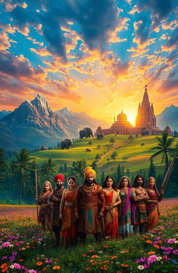 An epic fantasy landscape inspired by an Indian version of the Lord of the Rings, featuring majestic mountains, lush forests, and colorful fields filled with wildflowers