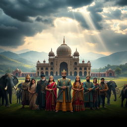 A breathtaking fantasy scene inspired by an Indian version of Game of Thrones, showcasing an ornate palace set against the backdrop of rolling hills and lush landscapes