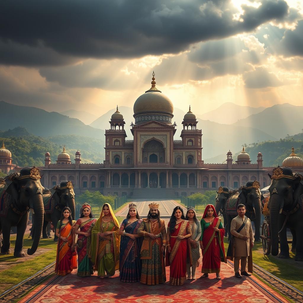 A breathtaking fantasy scene inspired by an Indian version of Game of Thrones, showcasing an ornate palace set against the backdrop of rolling hills and lush landscapes