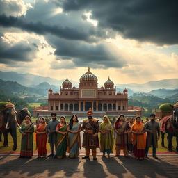 A breathtaking fantasy scene inspired by an Indian version of Game of Thrones, showcasing an ornate palace set against the backdrop of rolling hills and lush landscapes