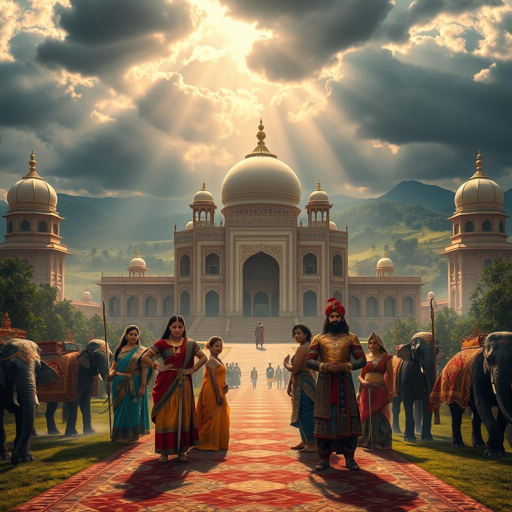 A breathtaking fantasy scene inspired by an Indian version of Game of Thrones, showcasing an ornate palace set against the backdrop of rolling hills and lush landscapes