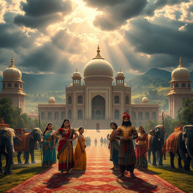 A breathtaking fantasy scene inspired by an Indian version of Game of Thrones, showcasing an ornate palace set against the backdrop of rolling hills and lush landscapes