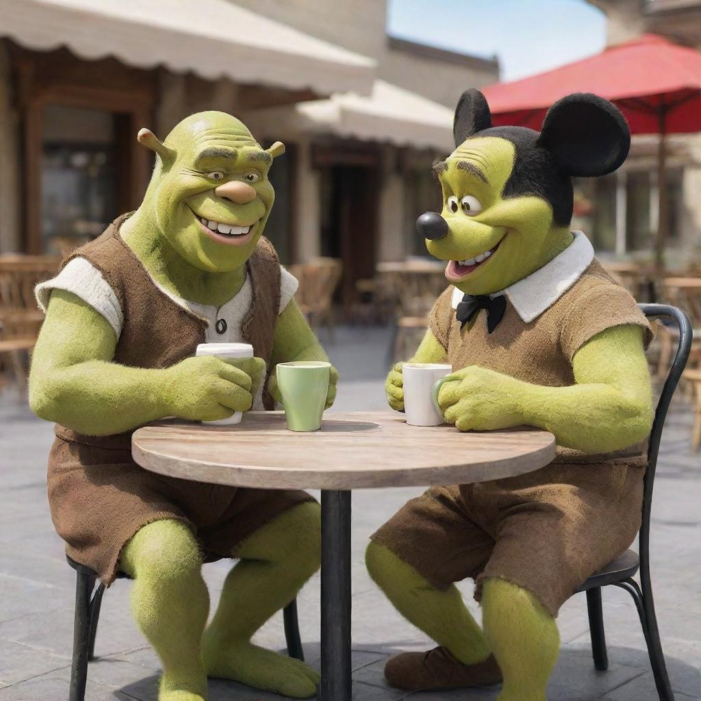 Shrek and Mickey Mouse sitting at a small outdoor cafe table, laughing and enjoying their coffee.