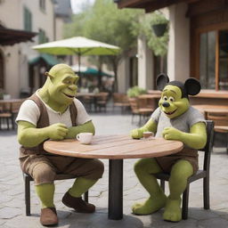 Shrek and Mickey Mouse sitting at a small outdoor cafe table, laughing and enjoying their coffee.