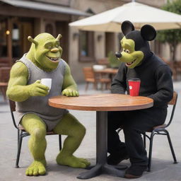 Shrek and Mickey Mouse sitting at a small outdoor cafe table, laughing and enjoying their coffee.