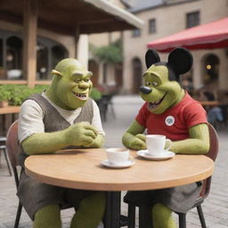 Shrek and Mickey Mouse sitting at a small outdoor cafe table, laughing and enjoying their coffee.