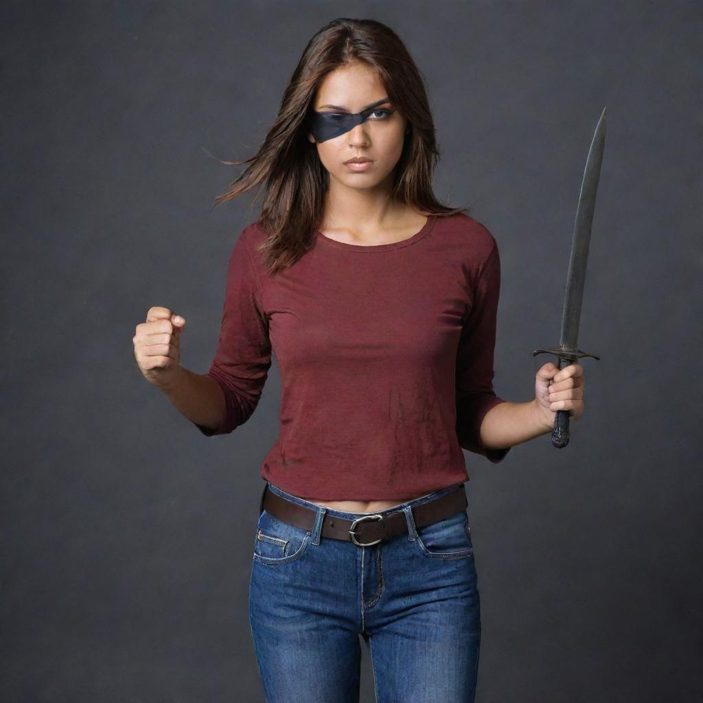 The fair-complexioned Indian girl, her left eye under a black eyepatch and reddish-brown hair falling loose, is donned in a full-sleeved dark red t-shirt and jeans, holding a long, straight sword. The setting is notably darker, amplifying the sense of mystery.