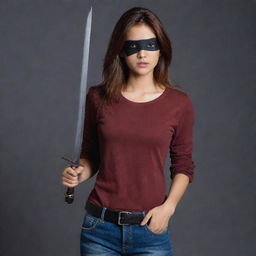 The fair-complexioned Indian girl, her left eye under a black eyepatch and reddish-brown hair falling loose, is donned in a full-sleeved dark red t-shirt and jeans, holding a long, straight sword. The setting is notably darker, amplifying the sense of mystery.