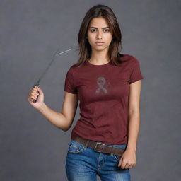 The fair-complexioned Indian girl, her left eye under a black eyepatch and reddish-brown hair falling loose, is donned in a full-sleeved dark red t-shirt and jeans, holding a long, straight sword. The setting is notably darker, amplifying the sense of mystery.