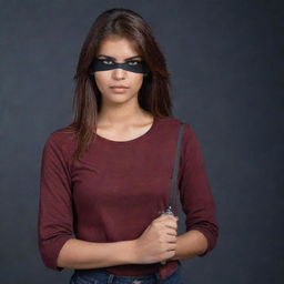 The fair-complexioned Indian girl, her left eye under a black eyepatch and reddish-brown hair falling loose, is donned in a full-sleeved dark red t-shirt and jeans, holding a long, straight sword. The setting is notably darker, amplifying the sense of mystery.