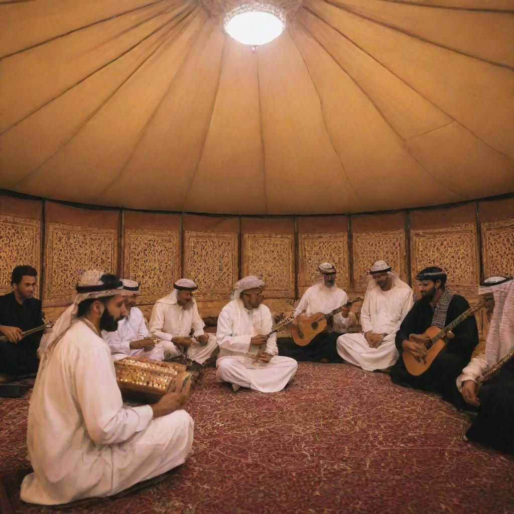 Inside an Arab tent, a 'Traditional Music Jam Session' is taking place. Musicians strum traditional Saudi Arabian music on instruments like oud, qanun, and darbuka. Visitors are immersed in the captivating rhythm, experiencing the essence of Saudi Arabian music.