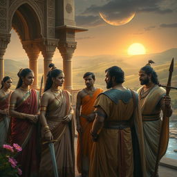 A captivating scene featuring ancient Indian versions of Game of Thrones characters, portrayed in a lush historical setting reminiscent of ancient palaces and temples