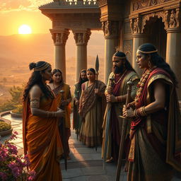 A captivating scene featuring ancient Indian versions of Game of Thrones characters, portrayed in a lush historical setting reminiscent of ancient palaces and temples