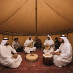 Inside an Arab tent, a 'Traditional Music Jam Session' is taking place. Musicians strum traditional Saudi Arabian music on instruments like oud, qanun, and darbuka. Visitors are immersed in the captivating rhythm, experiencing the essence of Saudi Arabian music.