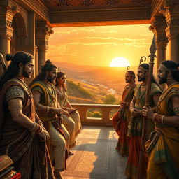 A captivating scene featuring ancient Indian versions of Game of Thrones characters, portrayed in a lush historical setting reminiscent of ancient palaces and temples