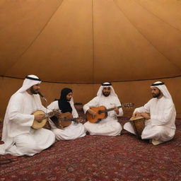 Inside an Arab tent, a 'Traditional Music Jam Session' is taking place. Musicians strum traditional Saudi Arabian music on instruments like oud, qanun, and darbuka. Visitors are immersed in the captivating rhythm, experiencing the essence of Saudi Arabian music.