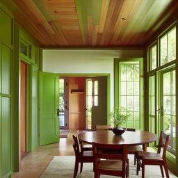 A spacious, inviting living room and dining room combination with vibrant green doors and windows along with wood cabinets and closets that radiate warmth and homeliness.