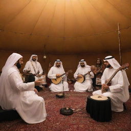 Inside an Arab tent, a 'Traditional Music Jam Session' is taking place. Musicians strum traditional Saudi Arabian music on instruments like oud, qanun, and darbuka. Visitors are immersed in the captivating rhythm, experiencing the essence of Saudi Arabian music.