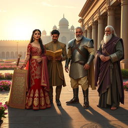 A detailed ensemble showcasing an Indian version of Game of Thrones characters, each representing a distinct house inspired by Indian culture and history