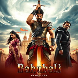 A stunning movie poster for the film 'Bahubali,' featuring the iconic characters in an epic setting